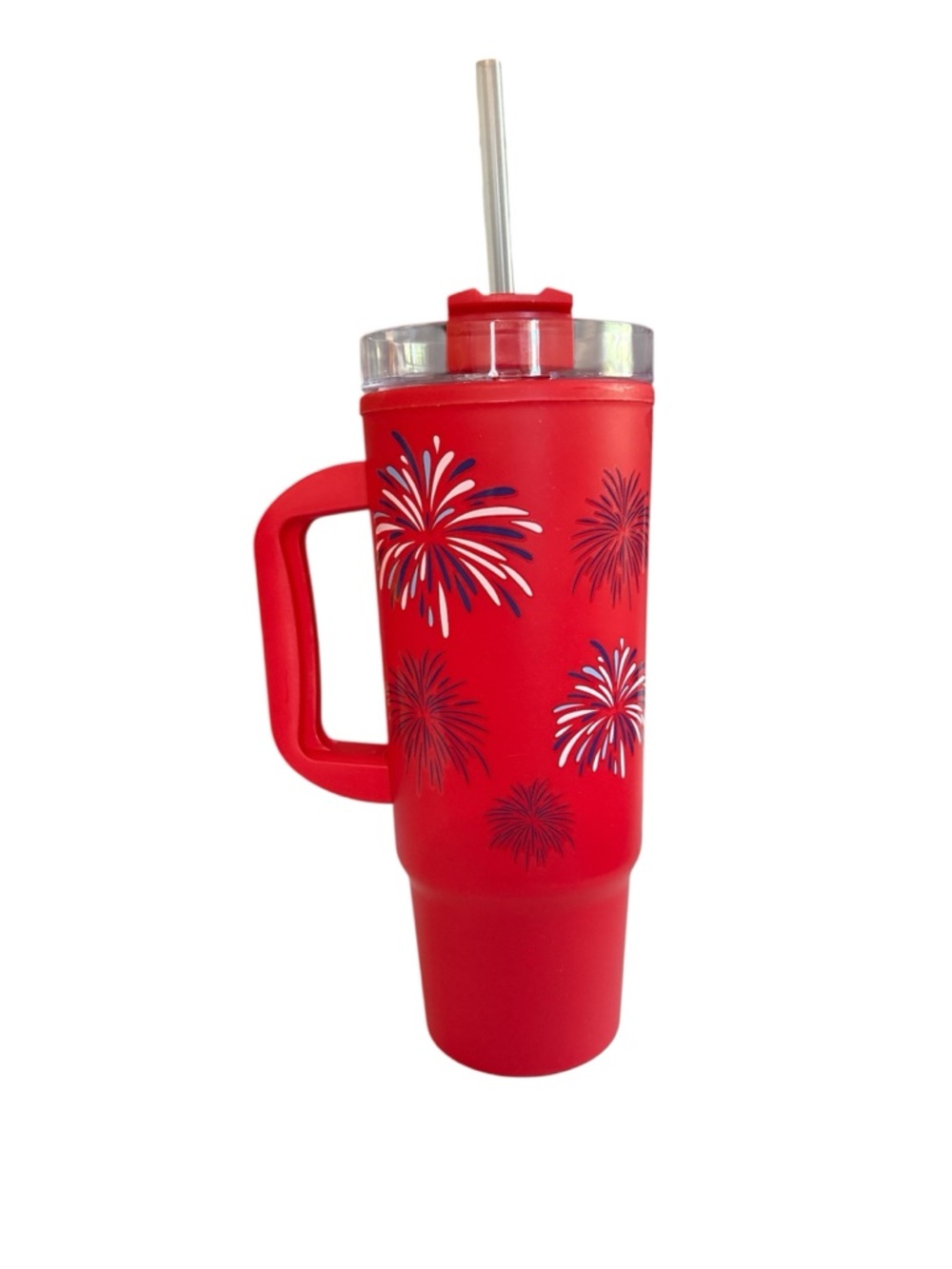 Red Fireworks Travel Tumbler with Handle and Straw - NWT - Picture 1 of 6